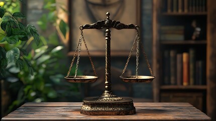 Golden scales of justice placed on a wooden table with a bookcase in the background, representing fairness and authority.