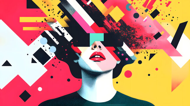 Young woman&rsquo;s brain exploding  information  to social media.  style geometric minimalism with bright  colors, abstract illustration of a young woman's brain exploding .