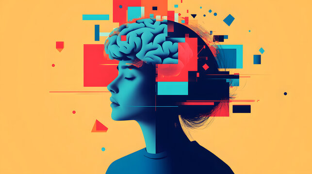 Young woman&rsquo;s brain exploding  information  to social media.  style geometric minimalism with bright  colors, abstract illustration of a young woman's brain exploding .