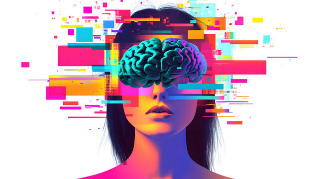 Young woman&rsquo;s brain exploding  information  to social media.  style geometric minimalism with bright  colors, abstract illustration of a young woman's brain exploding .