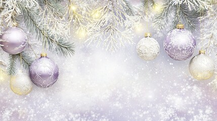 A tranquil winter background adorned with silver and white ornaments, evergreen branches, and soft...