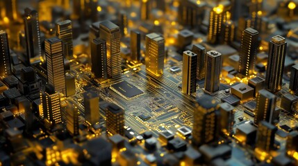 Giant golden circuit board illustrating financial technology with digital currency, skyscrapers, and stock market graphs in a futuristic setting