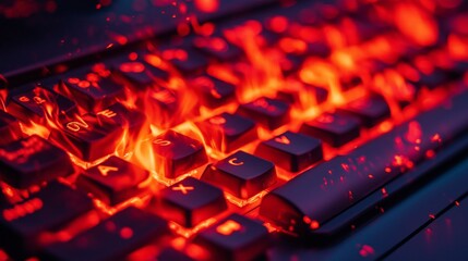 A burning keyboard with glowing red keys creating a dramatic and intense atmosphere in macro detail