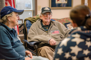 Veterans gathered together in a care facility, sharing stories and camaraderie on Veterans Day in a supportive environment.