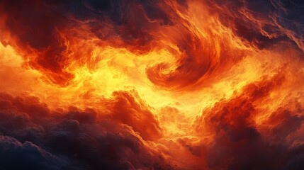 A striking visual of swirling orange clouds resembling fire, showcasing a dramatic and intense sky scene.