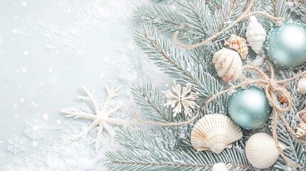 Decorative winter arrangement featuring blue ornaments, seashells, and frost-covered pine branches on a light background