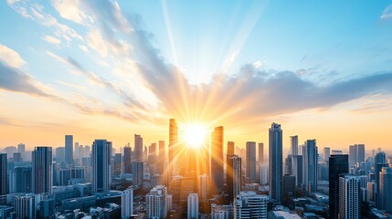 Fototapeta premium A breathtaking sunrise illuminates a modern city skyline, showcasing towering buildings against vibrant sky hues.