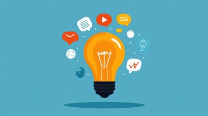 Lightbulb with speech bubbles around it, brainstorming session, flat design illustration