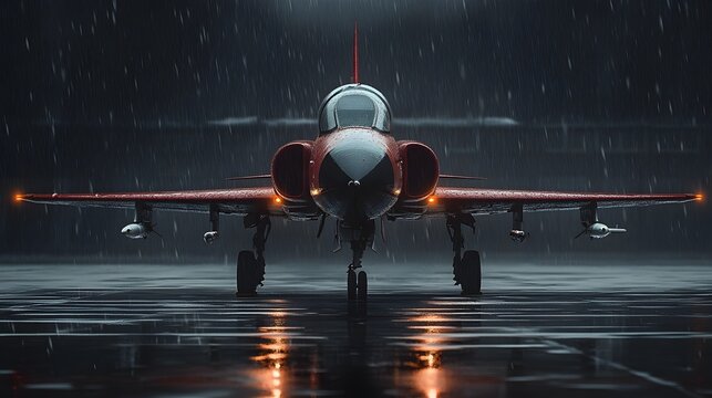 Powerful Military Fighter Jet Soaring Through Stormy Nighttime Conditions on Wet Runway