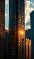 Fototapeta premium sleek skyscrapers with varying textures, their windows reflecting the golden hues of a morning sun create with ai