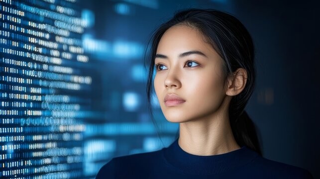 AIgenerated humanlike face merging with binary code streams, blue and white color scheme, data integration, futuristic - Powered by Adobe