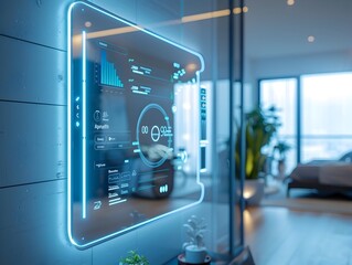 Naklejka premium Futuristic Smart Mirror Displaying Personalized Fitness Routines and Health Analytics for Integrated Home Health Systems