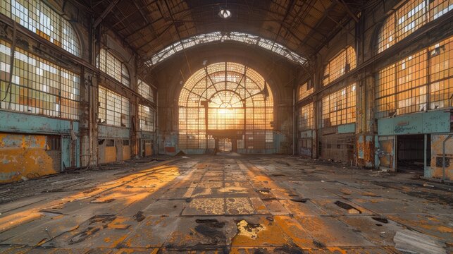 A breathtaking view of an abandoned, dilapidated industrial building interior with sun rays streaming through the broken, arched windows, showcasing rustic decay and urban exploration