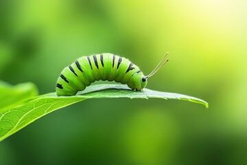 A vibrant green caterpillar resting delicately on a leaf, showcasing nature's beauty and the lifecycle of insects.