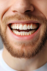 Fototapeta premium Man showing healthy gums on grey background, closeup