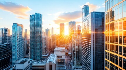 Fototapeta premium Breathtaking city skyline at sunset, showcasing modern buildings illuminated by warm golden light. Perfect for travel and urban themes.