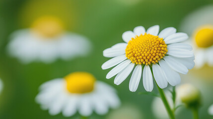 Fototapeta premium Feverfew flowers, with their small white leaves, stand out against a blurred green background.