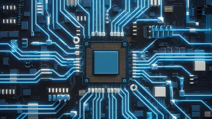 High-Tech CPU Chip on Circuit Board. Close-up view of a modern CPU chip positioned on a complex circuit board.	