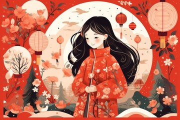 Fototapeta premium Lunar new year drawing kimono anime.