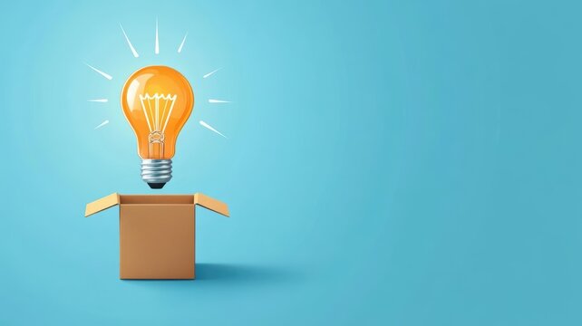 Bright lightbulb emerging from a box, thinking outside the box, flat design illustration