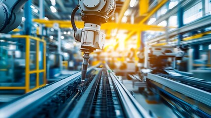Close-up View of Automated Industrial Conveyor Belts and Robotic Arms in Manufacturing Production