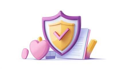 Document with shield and check mark. Health insurance, document security , data protection, finance and medical service concept. 3d vector icon. Cartoon minimal style. White background