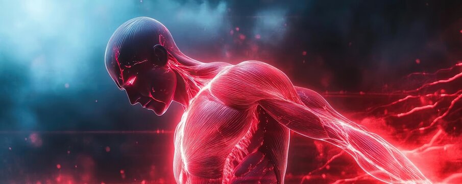 Futuristic human figure with glowing muscles and energy trails, symbolizing strength and vitality in a dynamic artistic style.
