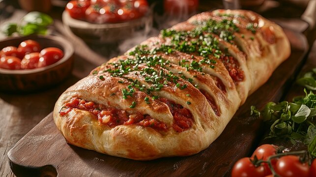 A freshly baked stromboli with a red sauce filling, topped with fresh chives, and surrounded by cherry tomatoes and basil leaves on a wooden cutting board.