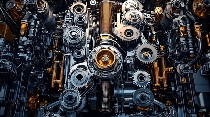 Fototapeta premium Intricate Mechanical Assembly of Interconnected Gears and Hydraulic Systems in a Detailed Technical