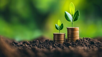Two Small Plants Growing from Stacks of Coins in Soil