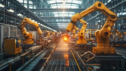 Fototapeta premium Synchronized Industrial Factory Floor with Robotic Machinery and Cranes