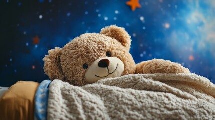An endearing teddy bear cozily tucked in a soft bed with a starry background, promoting a tranquil bedtime atmosphere perfect for curling up and having sweet dreams.
