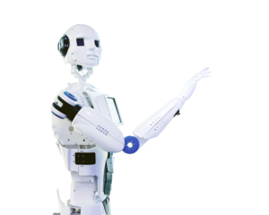 Isolated, futuristic humanoid robot on transparent background, extending its arm as if interacting with environment. Ideal for concepts of advanced, artificial intelligence, and future of robotics