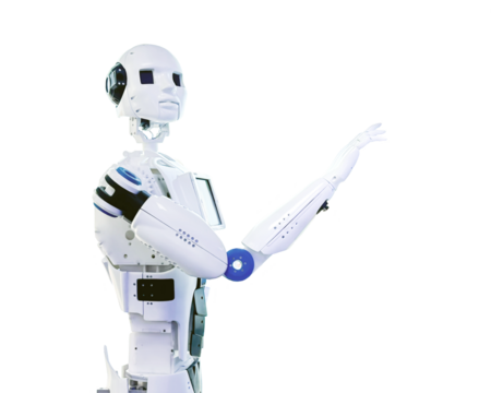 Isolated, futuristic humanoid robot on transparent background, extending its arm as if interacting with environment. Ideal for concepts of advanced, artificial intelligence, and future of robotics