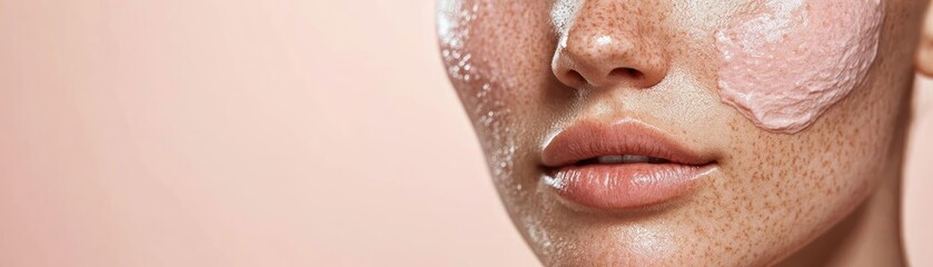 Obraz premium Close-up of a woman's face with a clay mask, showcasing natural beauty and skincare routine for healthy glowing skin.