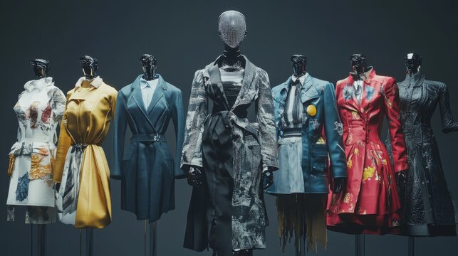 A line of fashion mannequins displaying various stylish outfits, highlighting the diversity and creativity in modern fashion through different textures, colors, and designs.
