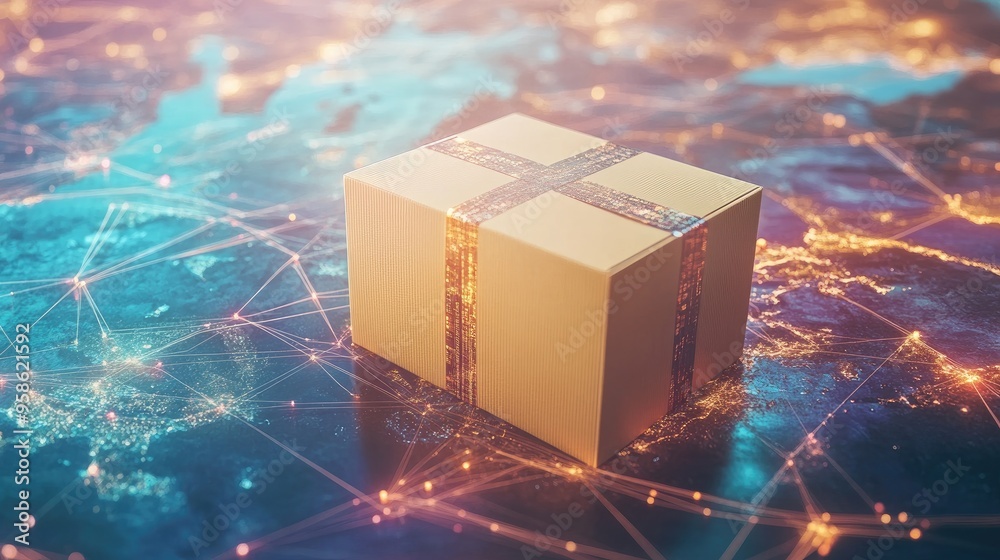 Poster a package on a global map with tech lines connecting different locations, emphasizing efficient, tec