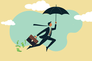 Fototapeta premium rich businessman flying with umbrella holding briefcase, throwing money in the air