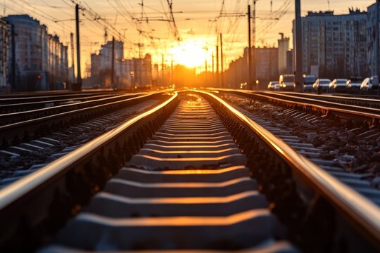 A vibrant sunset casts a golden glow on railway tracks extending into the distance, with the city in the background, capturing the essence of journey and transition.