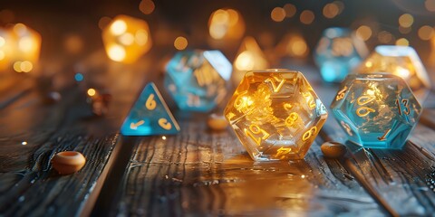 A scattered collection of transparent blue polyhedral dice on a wooden surface, capturing light and creating a vibrant, magical feel. Ideal for tabletop RPGs, fantasy games, and creative design 