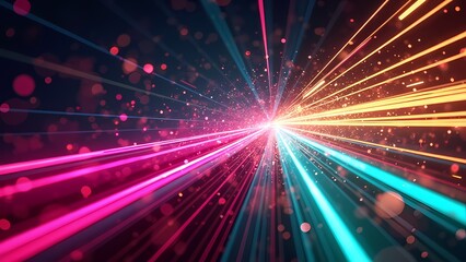Fototapeta premium Vibrant Neon Light Streaks and Bokeh Orbs in Dynamic Abstract Design