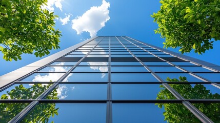 Eco-Friendly High-Rise: Modern Sustainable Skyline Office Building with Solar Panels and Lush Green Wall Facade