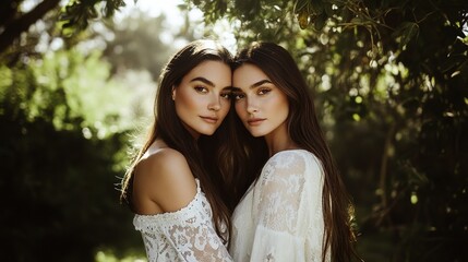 Fototapeta premium Two women embracing in natural sunlight, wearing white outfits, surrounded by greenery in a serene outdoor setting