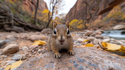 An inquisitive chipmunk standing alert on a rock with a vibrant autumnal canyon landscape in the background featuring fallen leaves on the ground