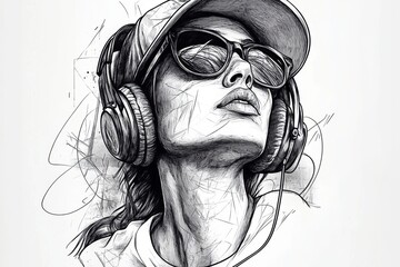 A monochrome artistic sketch portrays a person with a headset, drawn with abstract lines and patterns, providing a modern and edgy vibe suitable for contemporary art lovers.