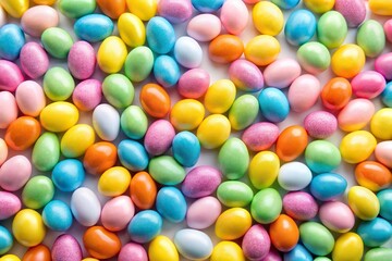 Obraz premium Easter theme backdrop made of egg shaped candy tilted in an angle, holiday, event,easter, delicious, vibrant, bright, concept, confectionery, candyland, spring, colorful, indulgence
