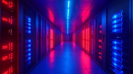 Fototapeta premium A vibrant, futuristic data center corridor illuminated by blue and red lights, showcasing server racks in a modern design.