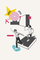 Collage 3d image retro sketch of funny children bell ring school day shopping kids education concept magazine billboard comics zine minimal