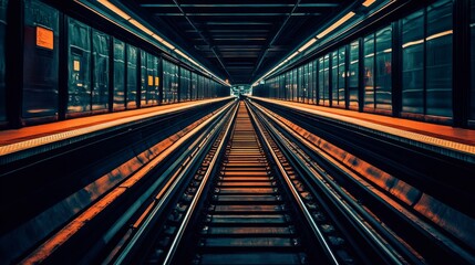 Obraz premium A view of a futuristic underground train station with glowing orange lights illuminating the scene. Ideal for travel, technology, and futuristic-themed projects.