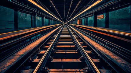 A neon-lit metro station with perfect symmetry and vanishing point perspective. Suitable for themes of urban life, travel, architecture, and modern transportation.